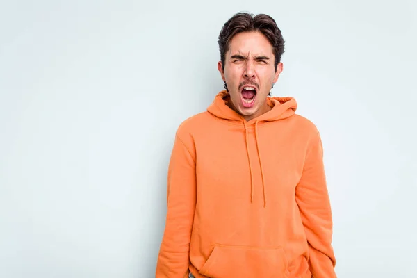 Young Hispanic Man Isolated Blue Background Shouting Very Angry Rage — стоковое фото