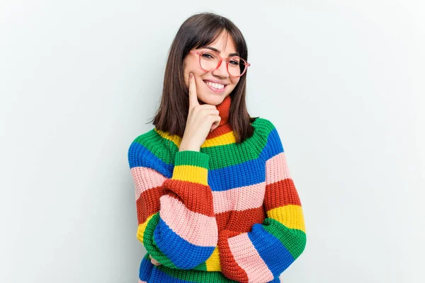 Mulher Branca Jovem Isolado Fundo Branco Sorrindo Feliz Confiante Tocando — Fotografia de Stock