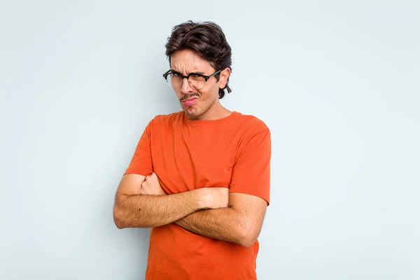 Young Hispanic Man Isolated Blue Background Frowning Face Displeasure Keeps — Stock Photo, Image