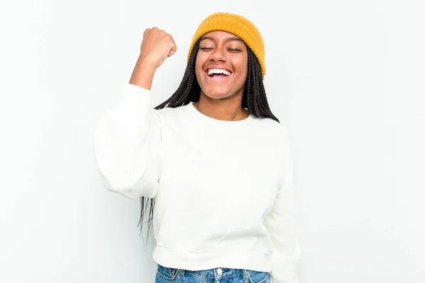 Jovem Afro Americana Isolada Fundo Branco Comemorando Uma Vitória Paixão — Fotografia de Stock