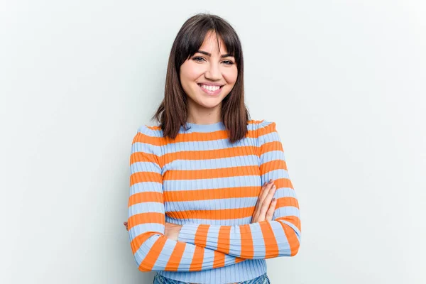 Young Caucasian Woman Isolated White Background Who Feels Confident Crossing — Stock Photo, Image