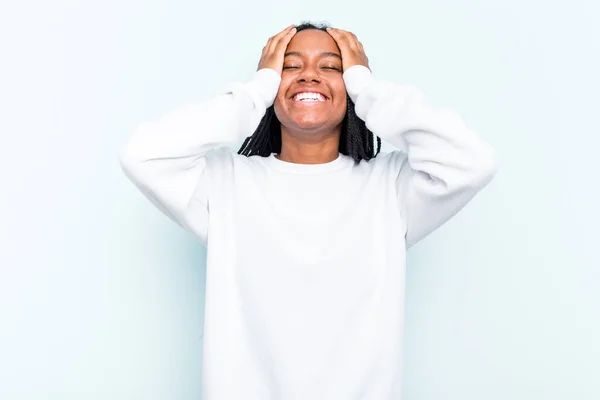 Young African American Woman Braids Hair Isolated Blue Background Laughs — Stock Photo, Image