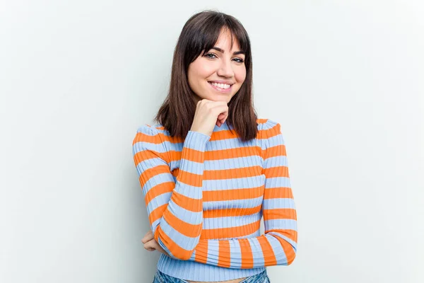 Young Caucasian Woman Isolated White Background Smiling Happy Confident Touching — Stock Photo, Image