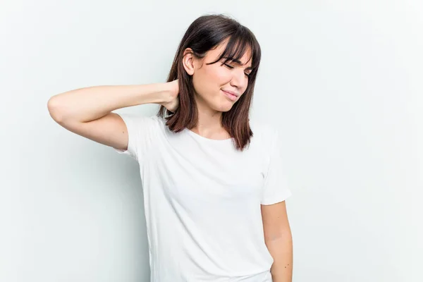 Young Caucasian Woman Isolated White Background Suffering Neck Pain Due — Stock Photo, Image