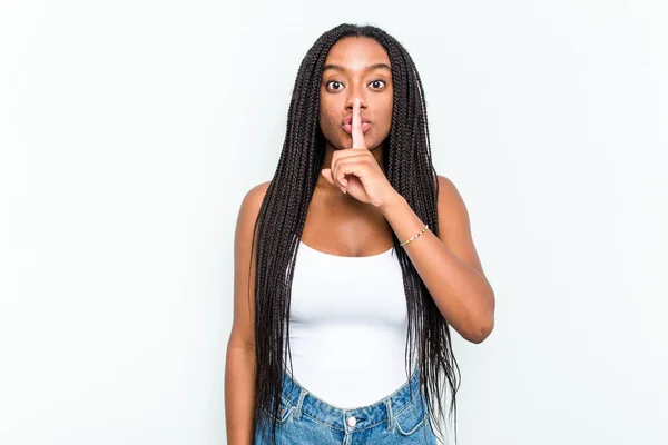 Young African American Woman Isolated White Background Keeping Secret Asking — Stock Photo, Image