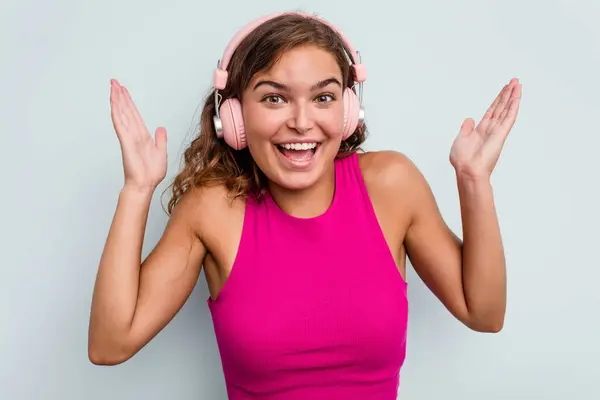 Receiving Pleasant Surprise Excited Raising Hands — Stock Photo, Image