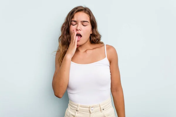 Young Caucasian Woman Isolated Blue Background Yawning Showing Tired Gesture — Stock Photo, Image