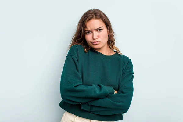 Young Caucasian Woman Isolated Blue Background Frowning Face Displeasure Keeps — Stock Photo, Image