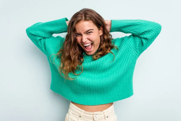 Young Caucasian Woman Isolated Blue Background Screaming Very Excited Passionate — Stock Photo, Image