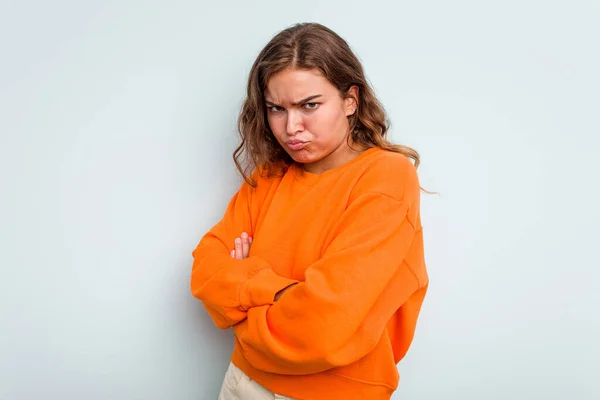 Young Caucasian Woman Isolated Blue Background Frowning Face Displeasure Keeps — Stock Photo, Image