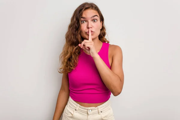 Young Caucasian Woman Isolated Blue Background Keeping Secret Asking Silence — Stock Photo, Image