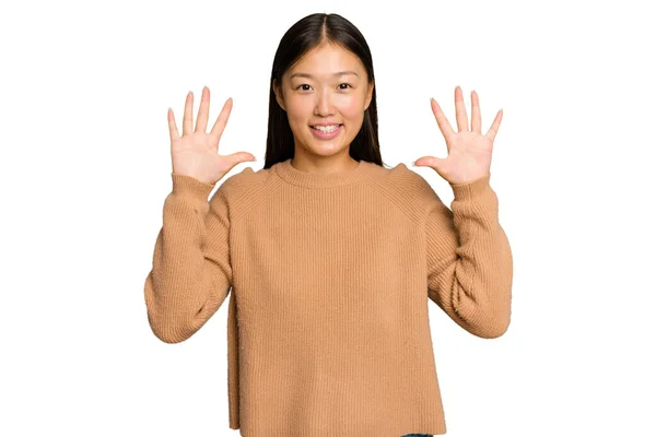 Young Asian Woman Isolated Green Chroma Background Showing Number Ten — Stock Photo, Image
