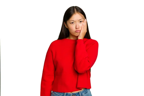 Jonge Aziatische Vrouw Geïsoleerd Groen Chroma Achtergrond Die Voelt Verdrietig — Stockfoto