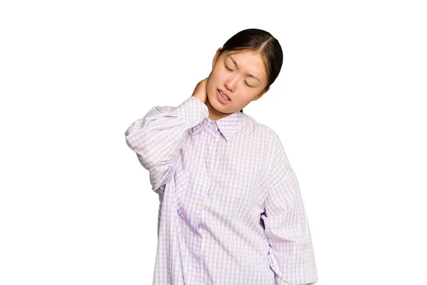 Young Asian Woman Isolated Green Chroma Background Suffering Neck Pain — Stock Photo, Image