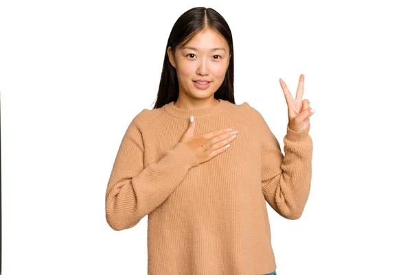 Jonge Aziatische Vrouw Geïsoleerd Groen Chroma Achtergrond Het Nemen Van — Stockfoto