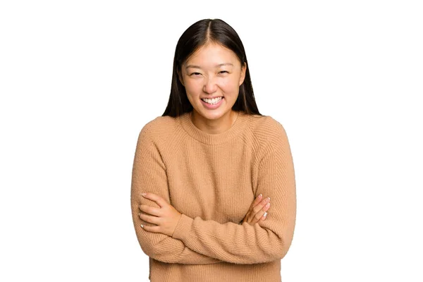 Young Asian Woman Isolated Green Chroma Background Laughing Having Fun — Stock Photo, Image