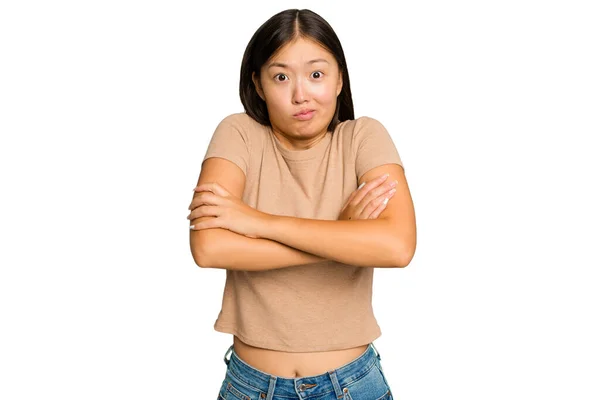 Young Asian Woman Isolated Green Chroma Background Shrugs Shoulders Open — Stock Photo, Image