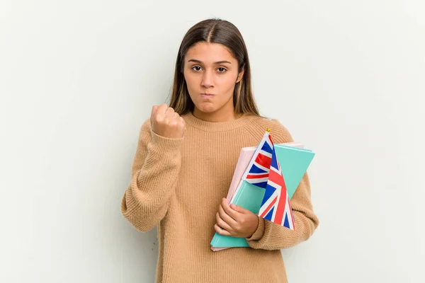 Jovem Indiana Segurando Uma Bandeira Reino Unido Isolada Fundo Branco — Fotografia de Stock