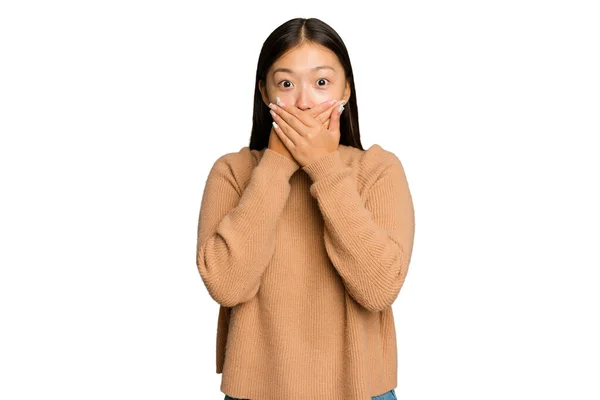 Jeune Femme Asiatique Isolé Sur Fond Chrome Vert Choqué Couvrant — Photo