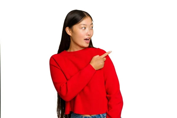 Mujer Asiática Joven Aislada Puntos Fondo Croma Verde Con Dedo — Foto de Stock