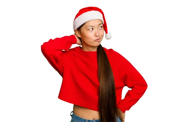 Young Asian Woman Celebrating Christmas Isolated Green Chroma Background Touching — Stock Photo, Image