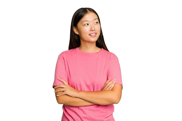 Jeune Femme Asiatique Isolé Sur Fond Chroma Vert Souriant Confiant — Photo