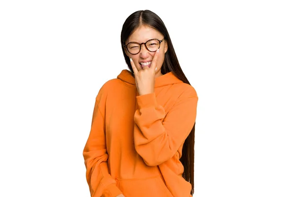Jeune Femme Asiatique Isolé Sur Fond Chroma Vert Montrant Geste — Photo