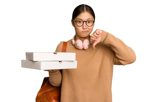 Young Student Asian Woman Holding Pizzas Isolated Green Chrome Background — Stock Photo, Image