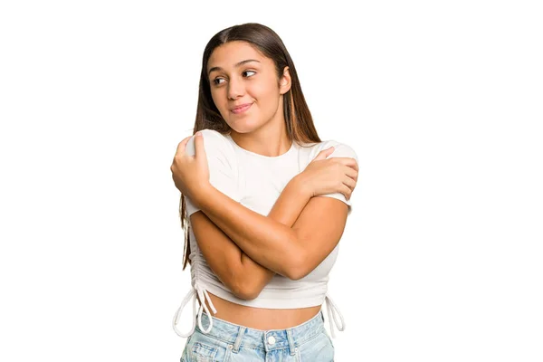 Young Indian Woman Isolated Cutout Removal Background Hugs Smiling Carefree — Stock Photo, Image