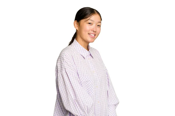 Jeune Femme Asiatique Isolé Sur Fond Chrome Vert Confiant Garder — Photo
