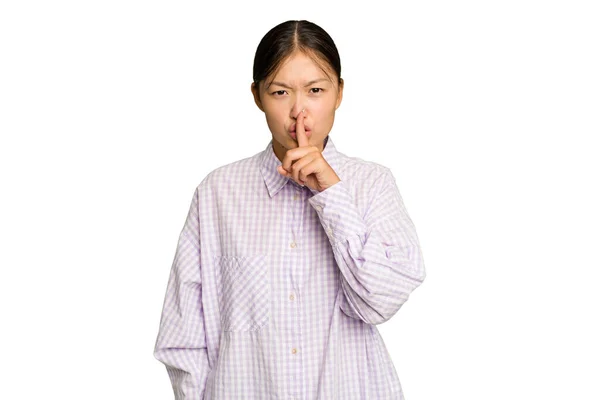 Young Asian Woman Isolated Green Chroma Background Keeping Secret Asking — Stock Photo, Image