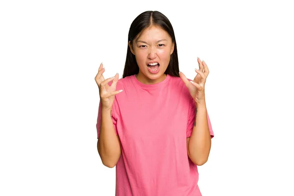 Young Asian Woman Isolated Green Chroma Background Screaming Rage — Stock Photo, Image