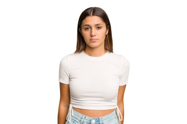 Genç Hintli kadın, kesme geçmişini soyutladı üzgün, ciddi yüz, mutsuz ve hoşnutsuz hissediyor.