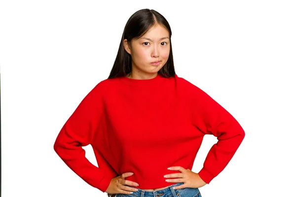 Young Asian Woman Isolated Green Chroma Background Confused Feels Doubtful — Stock Photo, Image