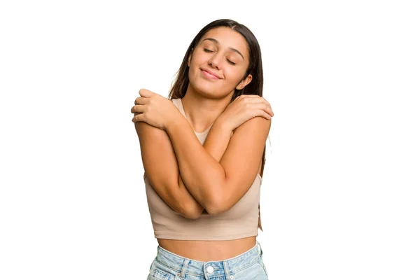 Giovane Donna Indiana Isolato Ritaglio Rimozione Sfondo Abbracci Sorridente Spensierato — Foto Stock
