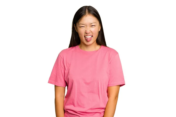 Joven Mujer Asiática Aislado Verde Croma Fondo Divertido Amigable Sobresaliendo —  Fotos de Stock