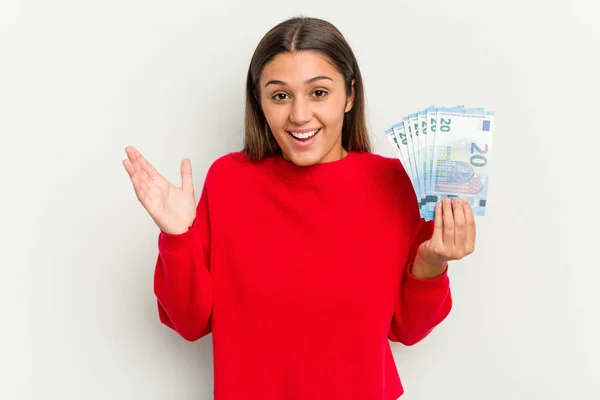 Young Indian Woman Holding Banknotes Isolated White Background Receiving Pleasant — Stock Photo, Image