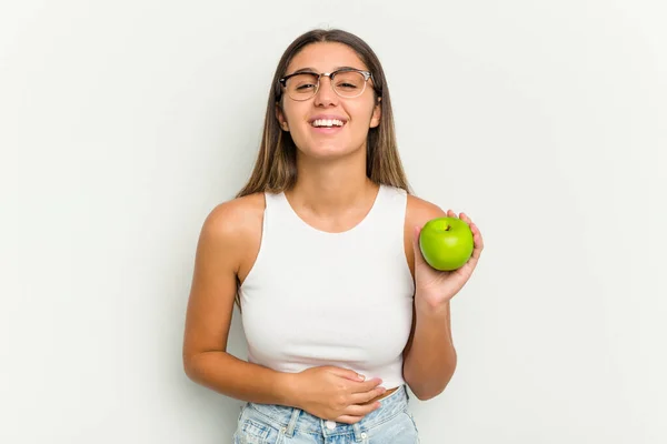 Young Indian Woman Holding Apple Isolated White Background Laughing Having — Stock Photo, Image