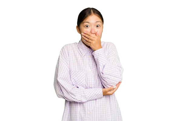 Jong Aziatisch Vrouw Geïsoleerd Groen Chroma Achtergrond Bang Bang — Stockfoto