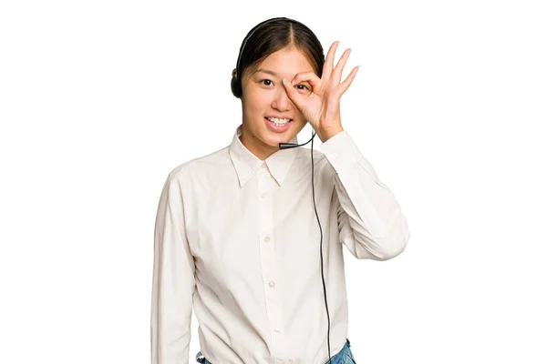 Telemarketer Asian Woman Working Headset Isolated Green Chroma Background Excited — Stock Photo, Image