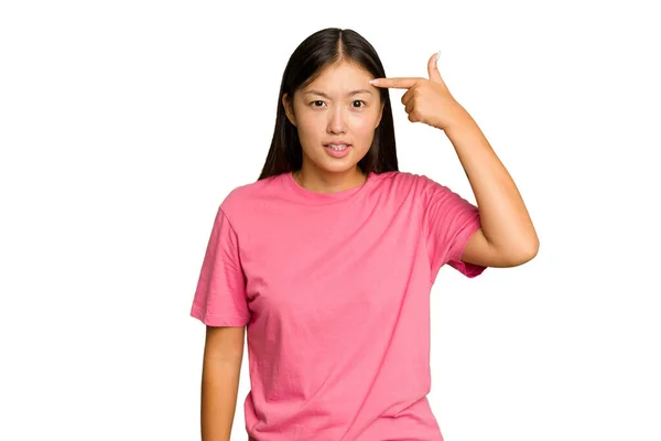 Mujer Asiática Joven Aislada Sobre Fondo Croma Verde Mostrando Gesto — Foto de Stock