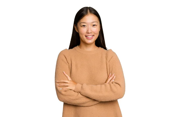 Ung Asiatisk Kvinna Isolerad Grön Krom Bakgrund Som Känner Sig — Stockfoto
