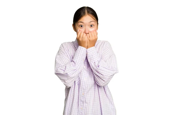 Young Asian Woman Isolated Green Chroma Background Biting Fingernails Nervous — Stock Photo, Image