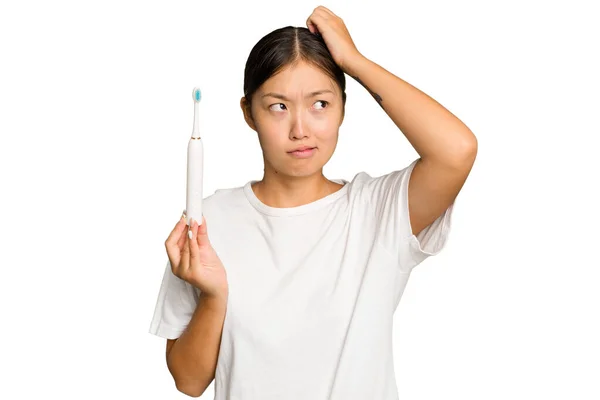 Young Asian Woman Holding Electric Toothbrush Isolated Green Chroma Background — Stock Photo, Image
