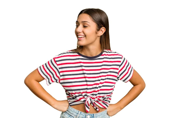 Young Indian Woman Isolated Cutout Removal Background Laughs Happily Has — Stock Photo, Image