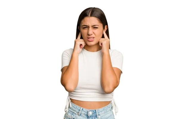 Young Indian Woman Isolated Cutout Removal Background Covering Ears Fingers — Stock Photo, Image