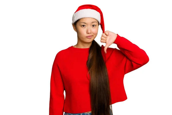 Mujer Asiática Joven Celebrando Navidad Aislado Fondo Croma Verde Que — Foto de Stock