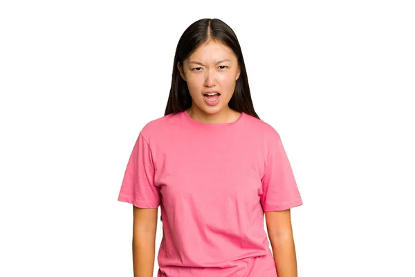 Jonge Aziatische Vrouw Geïsoleerd Groen Chroma Achtergrond Schreeuwen Zeer Boos — Stockfoto