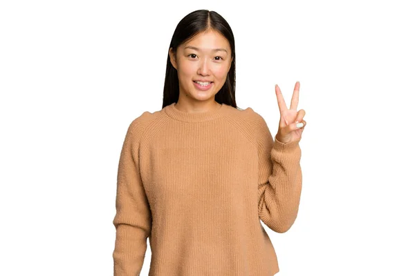 Young Asian Woman Isolated Green Chroma Background Joyful Carefree Showing — Stock Photo, Image