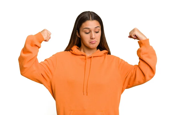 Young Indian Woman Isolated Cutout Removal Background Showing Strength Gesture — Stock Photo, Image